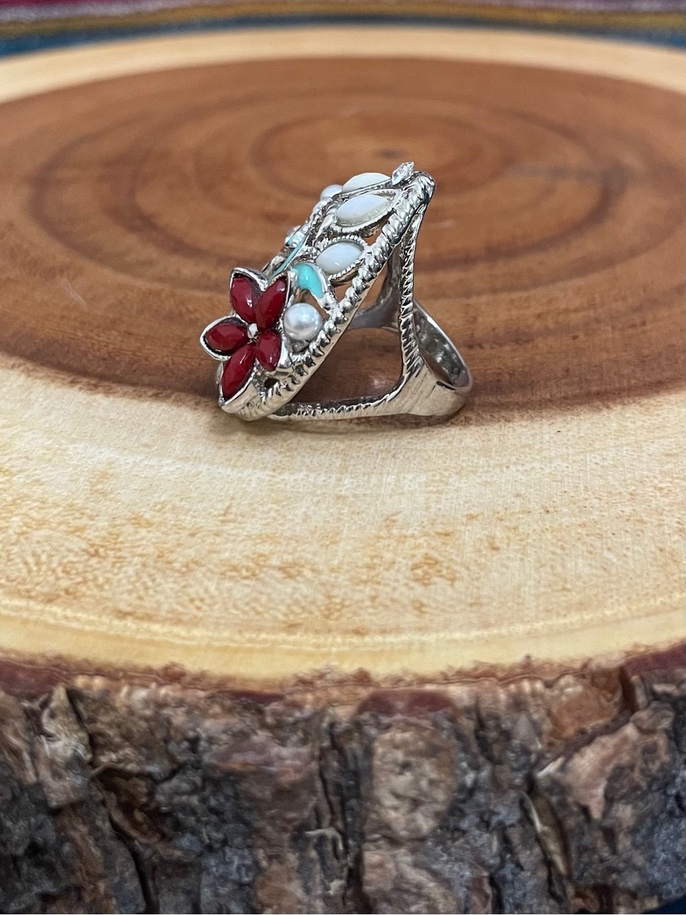 Vintage Floral Multicolor Enamel Pear Shaped Statement Ring Turquoise Red White - Picture 5 of 10